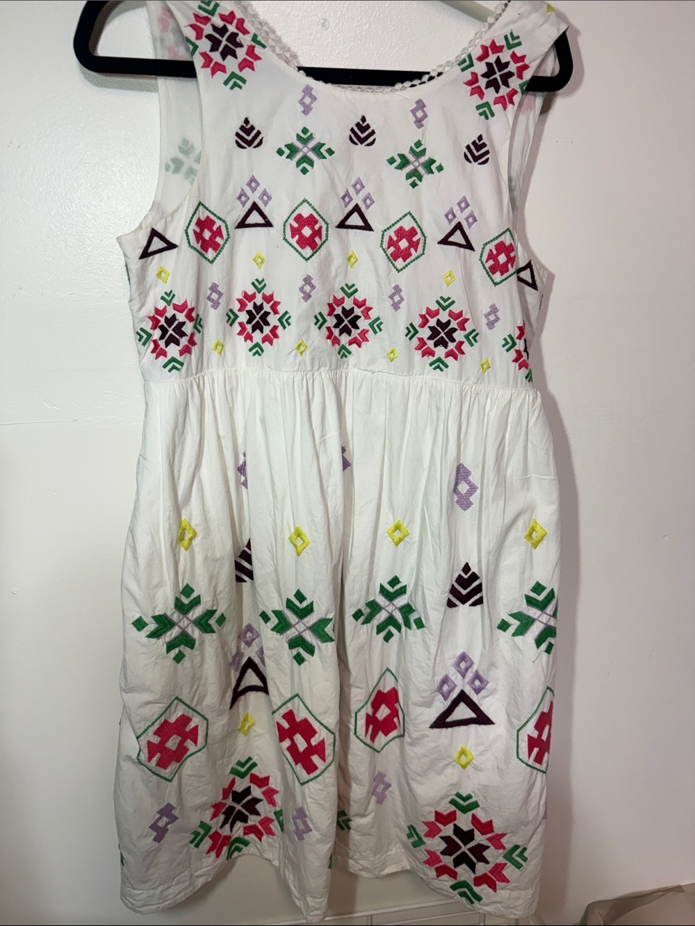 Anthropologie White Sleeveless Dress with Multicolor Embroidery